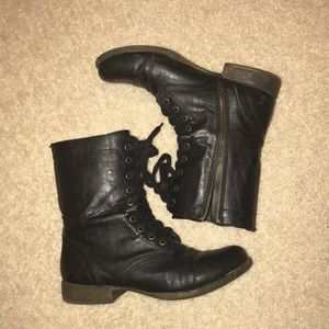 black leather combat boots
